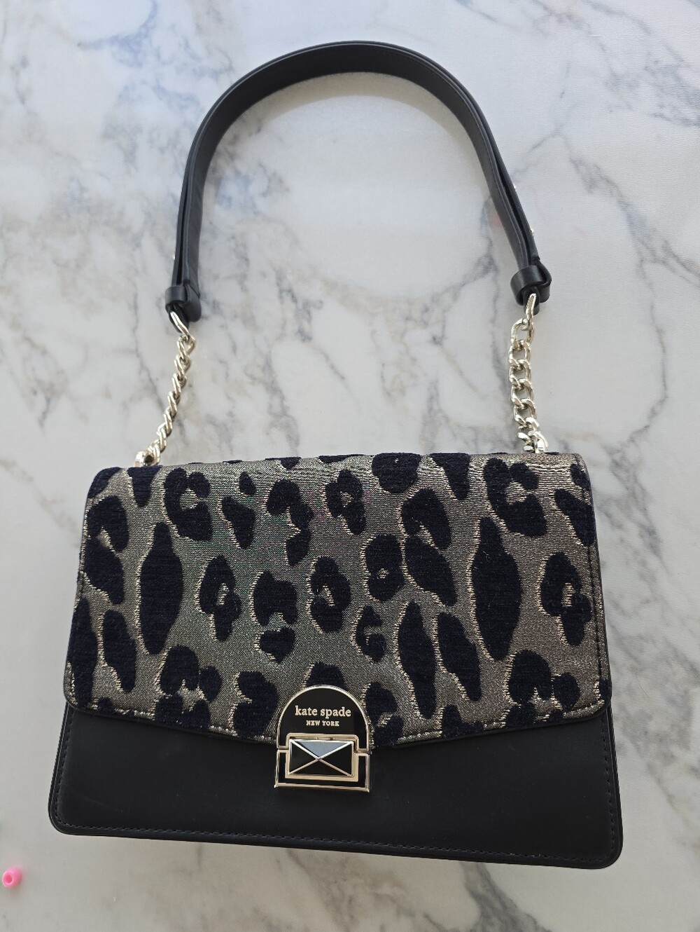 kate spade Black and Gold Leopard-Print Shoulder Bag